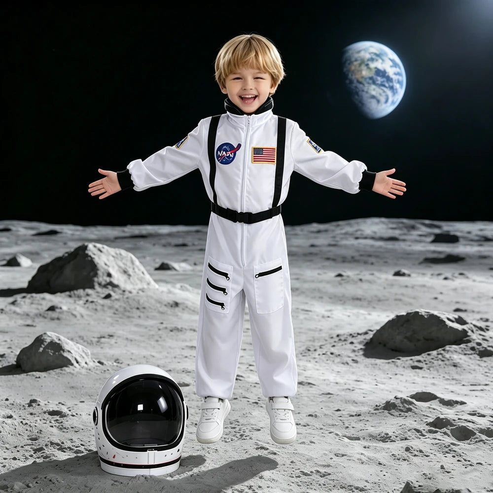 Kids White Astronaut Jumpsuit Space Flight Suit Boys Girls Cosplay Costume Halloween School Stage Role Play Spaceman Outfits