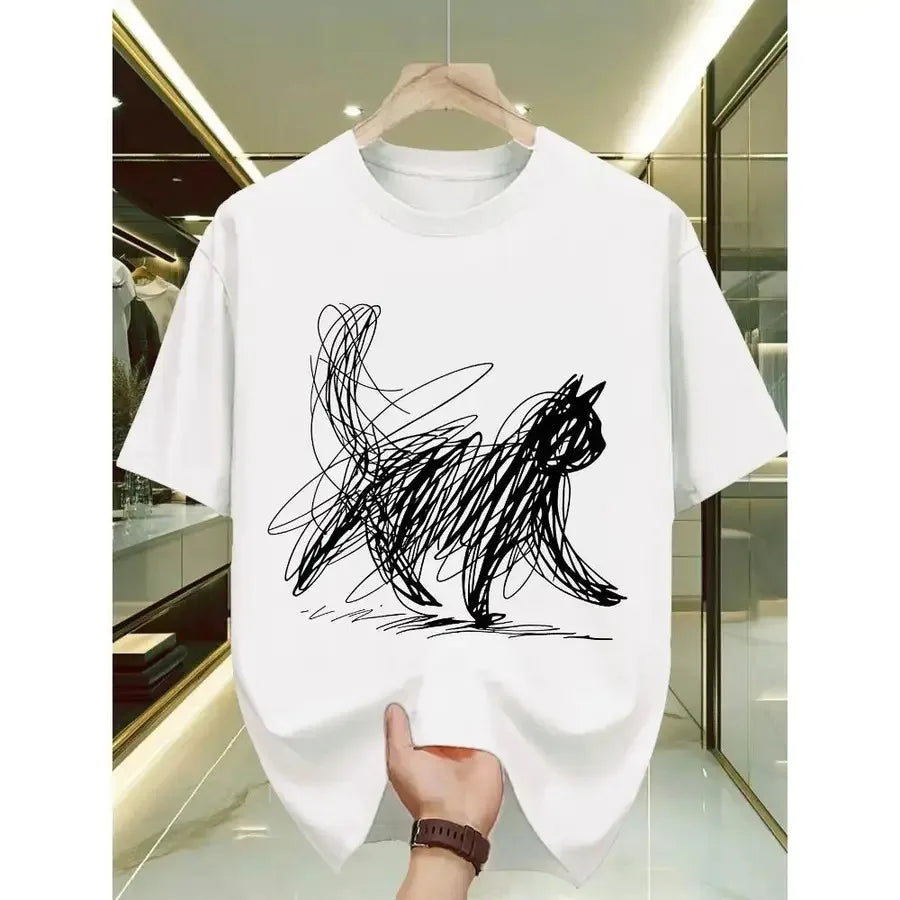 【New Arrival】Minimalist Scribble Cat Abstract Art Graphic T-Shirt, White Cotton Crew Neck Casual Cat Lover Tee