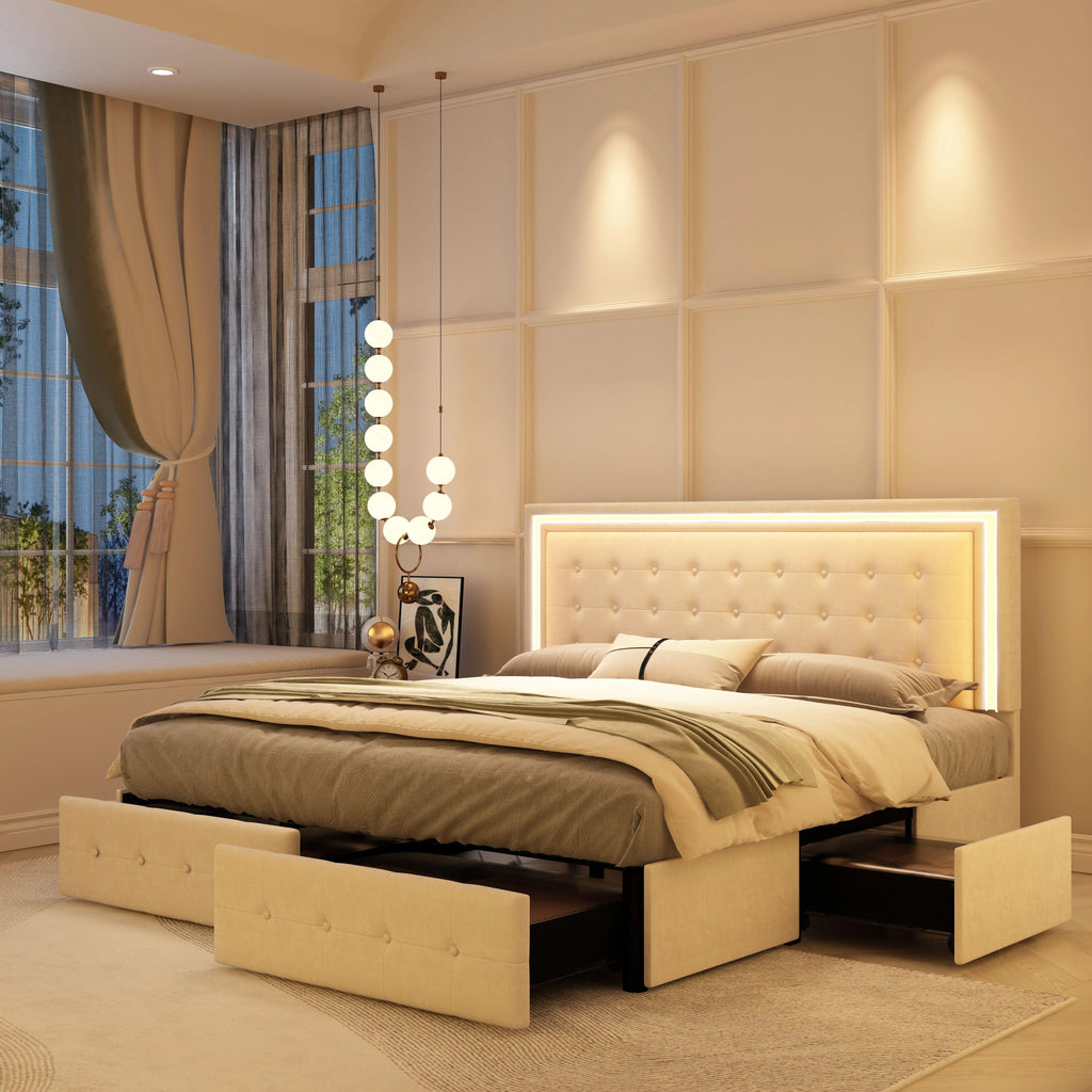 GEGOFORU Queen LED Bed Frame with 4 Storage Drawers, RGBW Headboard, PU Upholstered, No Box Spring Needed, 900 lbs Support