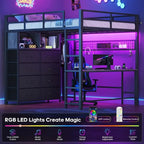 Grey Metal Loft Bed with Desk, 8 Drawers, LED Lights, Power Outlet, Shelves, and Clothing Rack