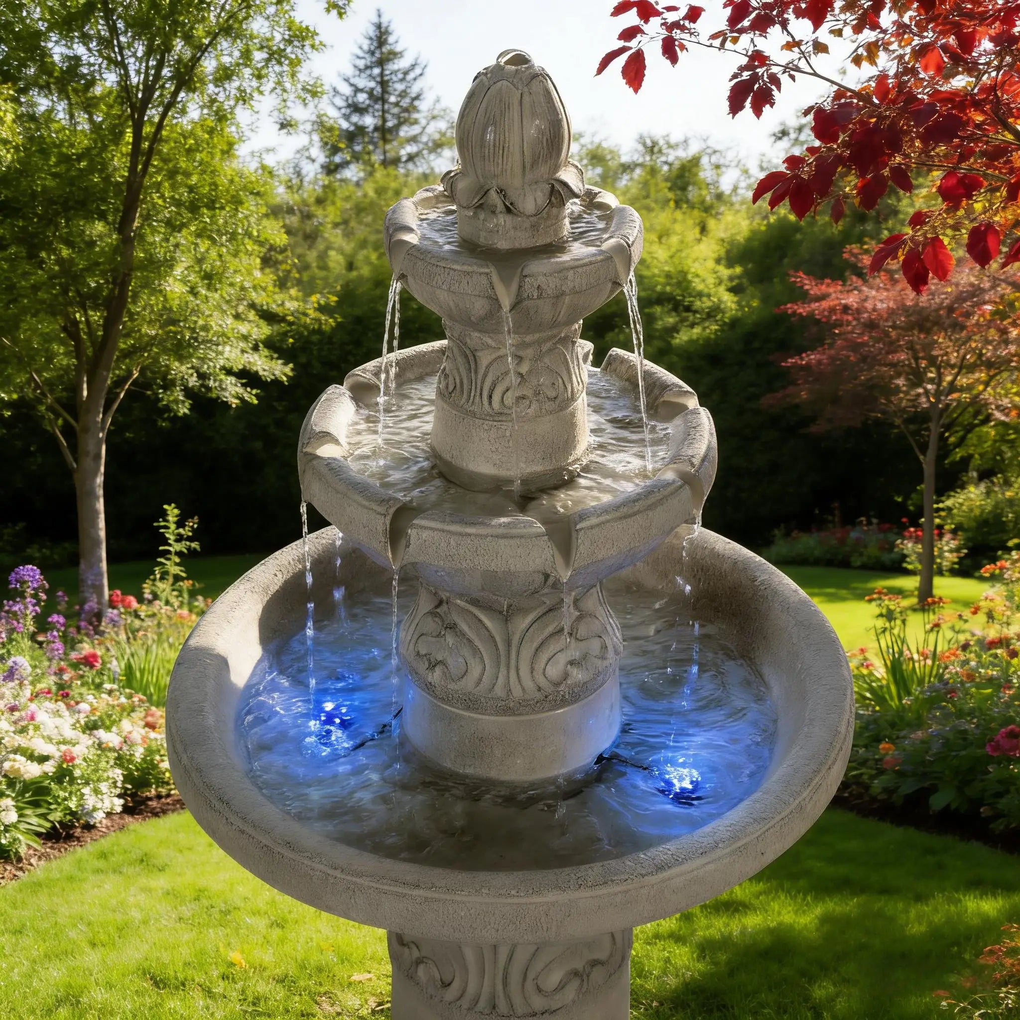 52 Inch Height 3-Tier Outdoor LED Garden Water Fountain, Large Floor-Standing Resin Cascading Bubbler Waterfall Fountain with Pump, Decorative Outdoor Fountain for Backyard, Patio, Yard & Home Decor