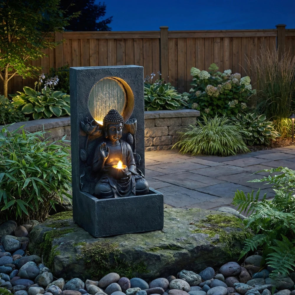 28" H Outdoor Buddha Waterfall Fountain, Freestanding Relaxing Water Feature, Asian Zen Fengshui Decor for Patio, Garden, Backyard, Deck & Home, Ideal Gift Led Fountain