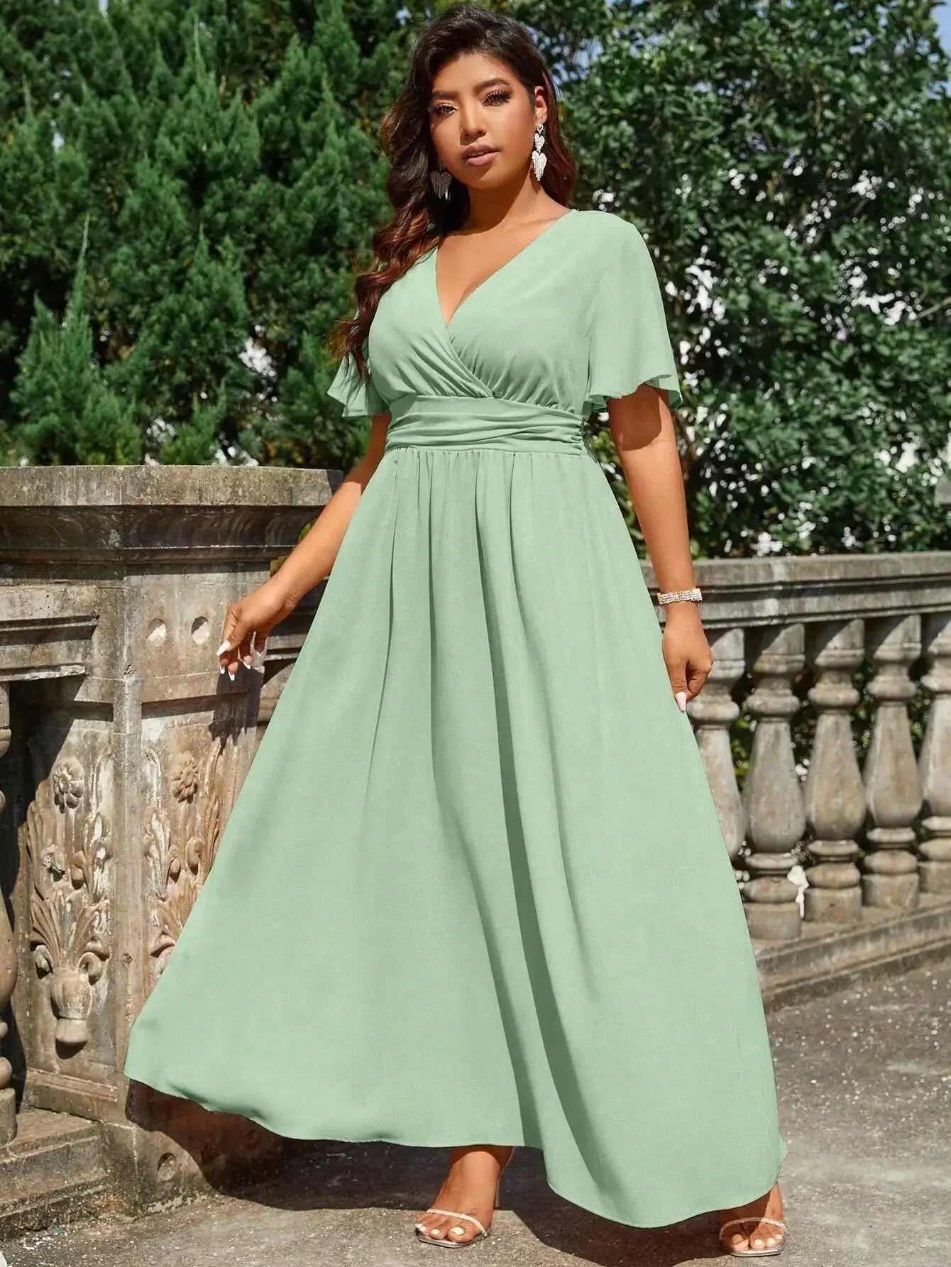 Plus Size Solid Color Wrap V-Neck Maxi Dress For Wedding Formal Occasion