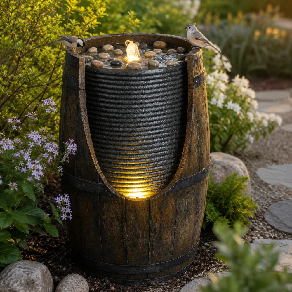 Outdoor Water Fountain with Bird Waterer, Rustic Barrel Garden Fountain with LED Lights and Pump, Faux Wood Resin Water Feature for Patio Backyard Porch Yard