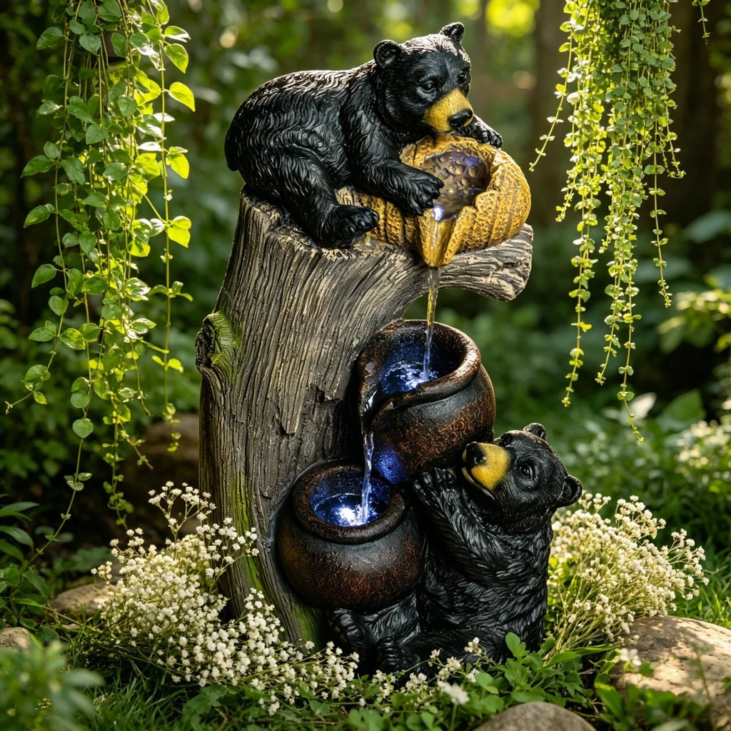 Bear Outdoor Water Fountain with LED Lights Cascading Fountains Outdoor for Patio Yard Balcony 23.62'' Garden Fountains Outdoor and Outdoor Water Fountain Decor   WL RR