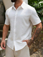 Mens White Short Sleeve Textured Casual Shirt With Turn-Down Collar
