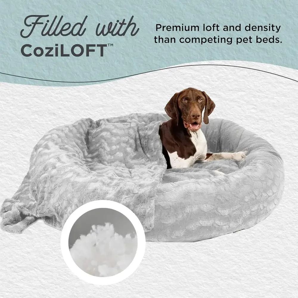 Luxury Calming Donut Cuddler Pet Bed with Throw Blanket, Gray, Large, 36x36