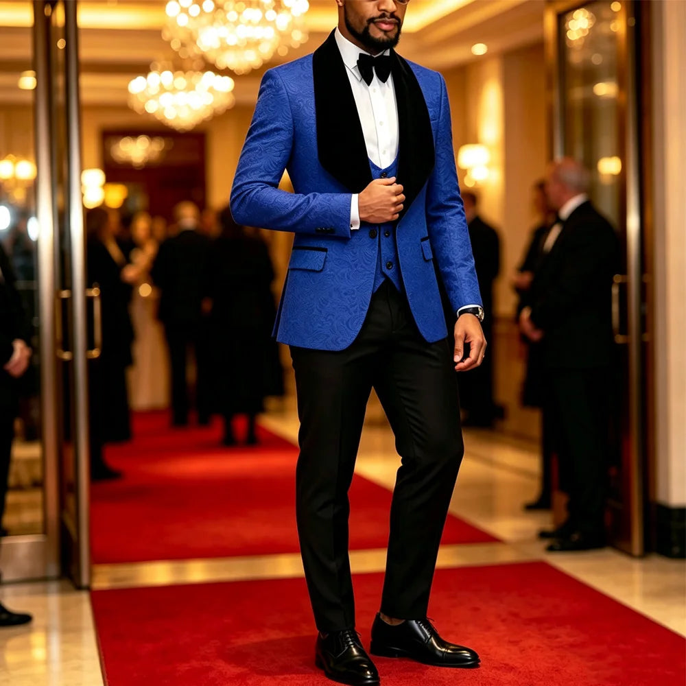Mens 3 Piece Floral Tuxedo, Jacquard Slim Suit Set, Paisley Blazer Vest And Pants For Prom Wedding