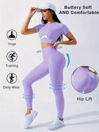 Workout Sets Outfits for Women – Yoga Leggings with Short Sleeve Crop Top, Slim Fit Tummy Control Butt Lifting Waist Shaping, Seamless Ribbed Texture, Breathable Soft Fabric, Non-Pilling, Perfect for Fall Winter Gym Yoga Ru