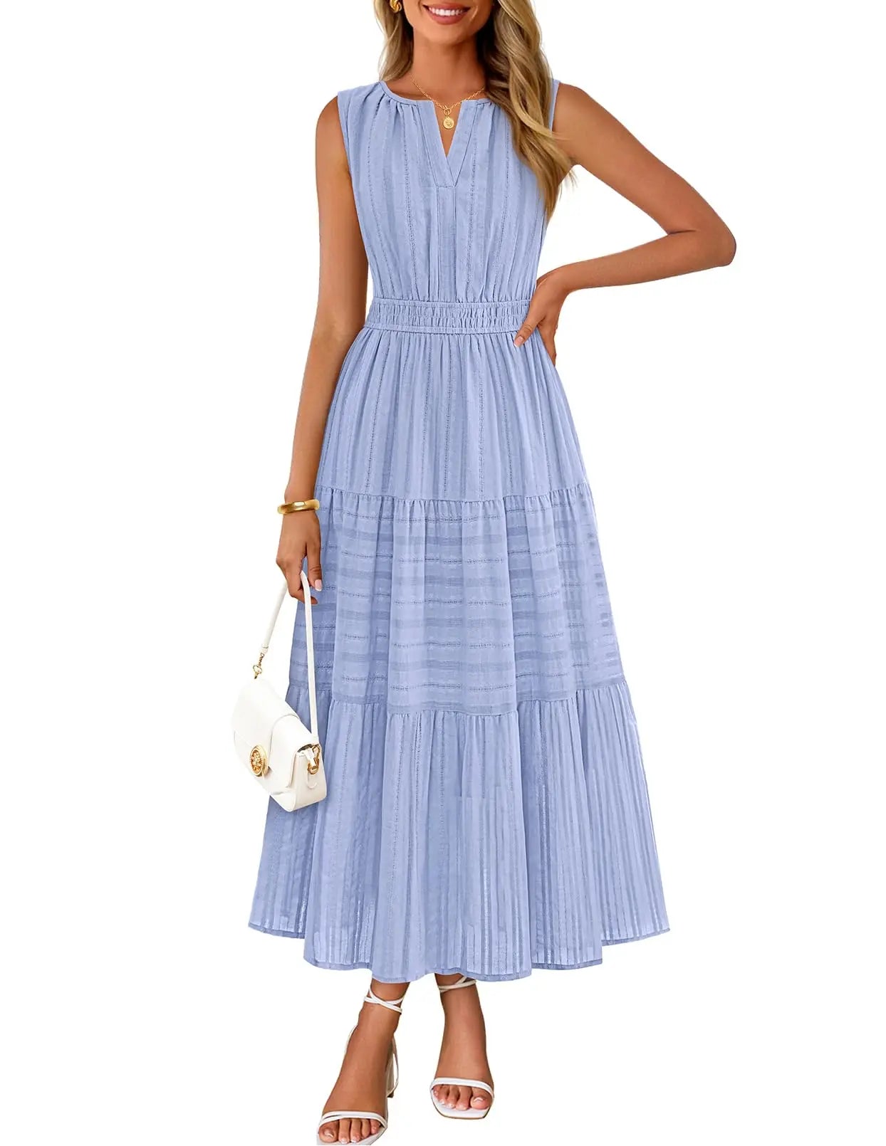 Womens Sleeveless V-Neck Boho Midi Maxi Dress With Pockets Casual Summer Beach Vacation Dress
