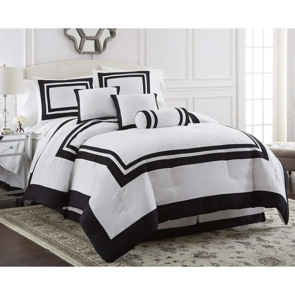 7-Piece Hotel Style Comforter Set - White/Black Square Color Block Bedding with Pillows - Luxurious Lightweight All Season Beddi