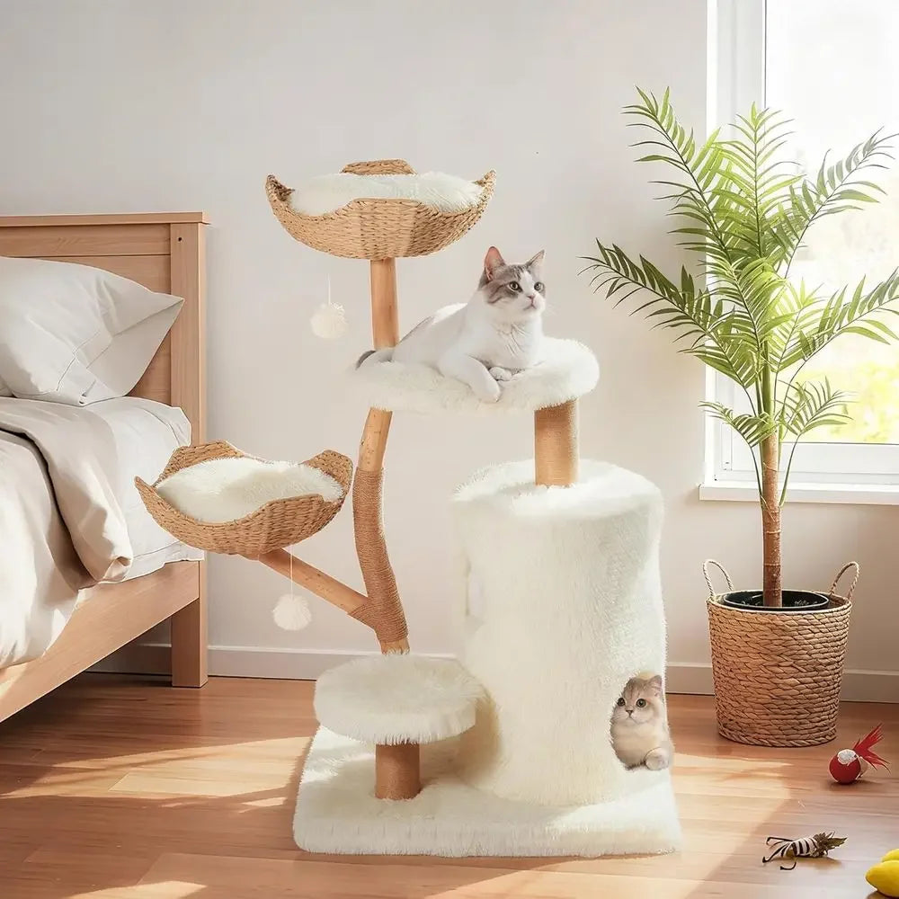 54 Natural Wood Cat Tree with Woven Basket Beds and Scratching Post, Bohemian Style Cat Tower, White