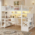 White Loft Bed with Stairs, Desk, Storage, Charging Station, LED Lights - Space-Saving for Kids, Teens, Adults
