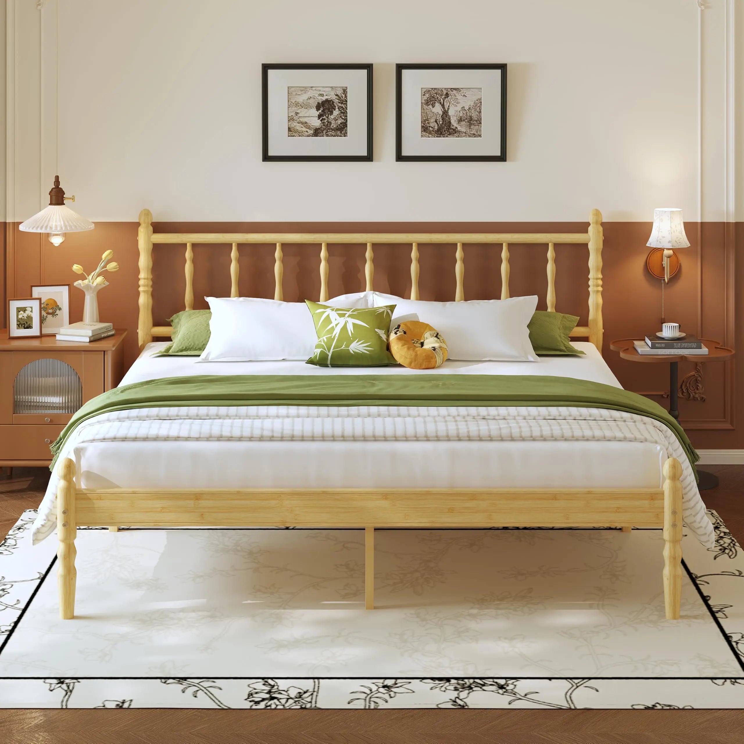 Twin XL Bamboo Platform Bed Frame With Scalloped Headboard 14 Inch Height Metal Slat Support