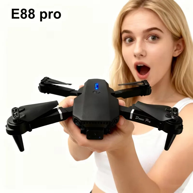 E88 Pro MAX Drone Offers Optional Screen Remote Control / Regular Remote Control / 3PS Battery, Dual Cameras, Two Batteries, Brushless Motor, Obstacle Avoidance Function, Foldable Quadcopter. LED Lights. Ideal Gift. Suitable