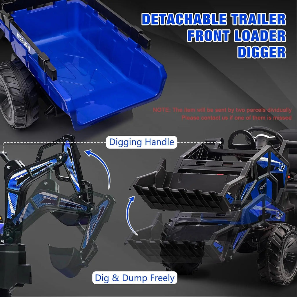 3-in-1 Ride-On Tractor with Excavator and Bulldozer Models — Kids Electric Construction Vehicle with Trailer, Digger, Shovel Bucket, Parent Remote Control, LED Lights, Music & USB, Battery