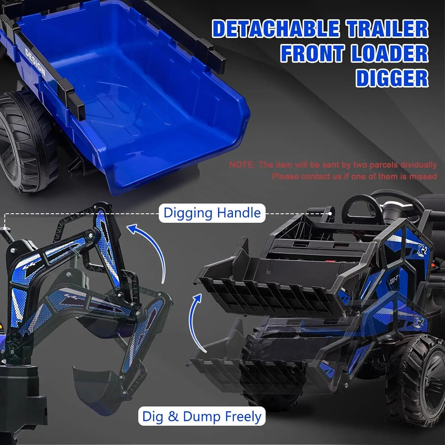 3-in-1 Ride-On Tractor with Excavator and Bulldozer Models — Kids Electric Construction Vehicle with Trailer, Digger, Shovel Bucket, Parent Remote Control, LED Lights, Music & USB, Battery