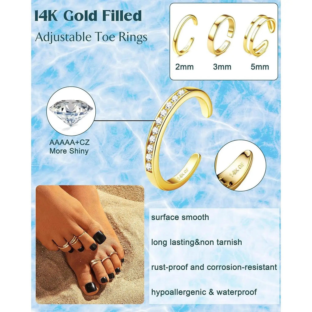 14K Gold-plated Toe Rings for Women Simple Hug CZ Triple Open Band Rings Trendy Adjustable Toe Rings Summer Beach Foot Jewelry