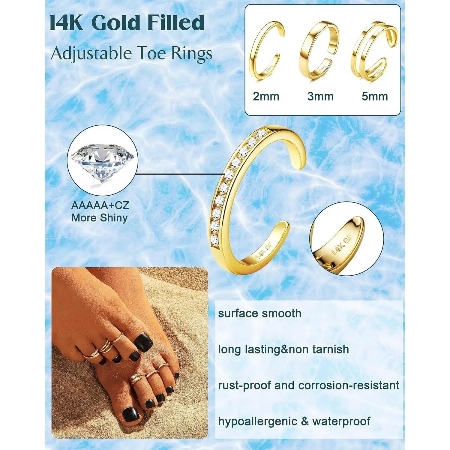 14K Gold-plated Toe Rings for Women Simple Hug CZ Triple Open Band Rings Trendy Adjustable Toe Rings Summer Beach Foot Jewelry