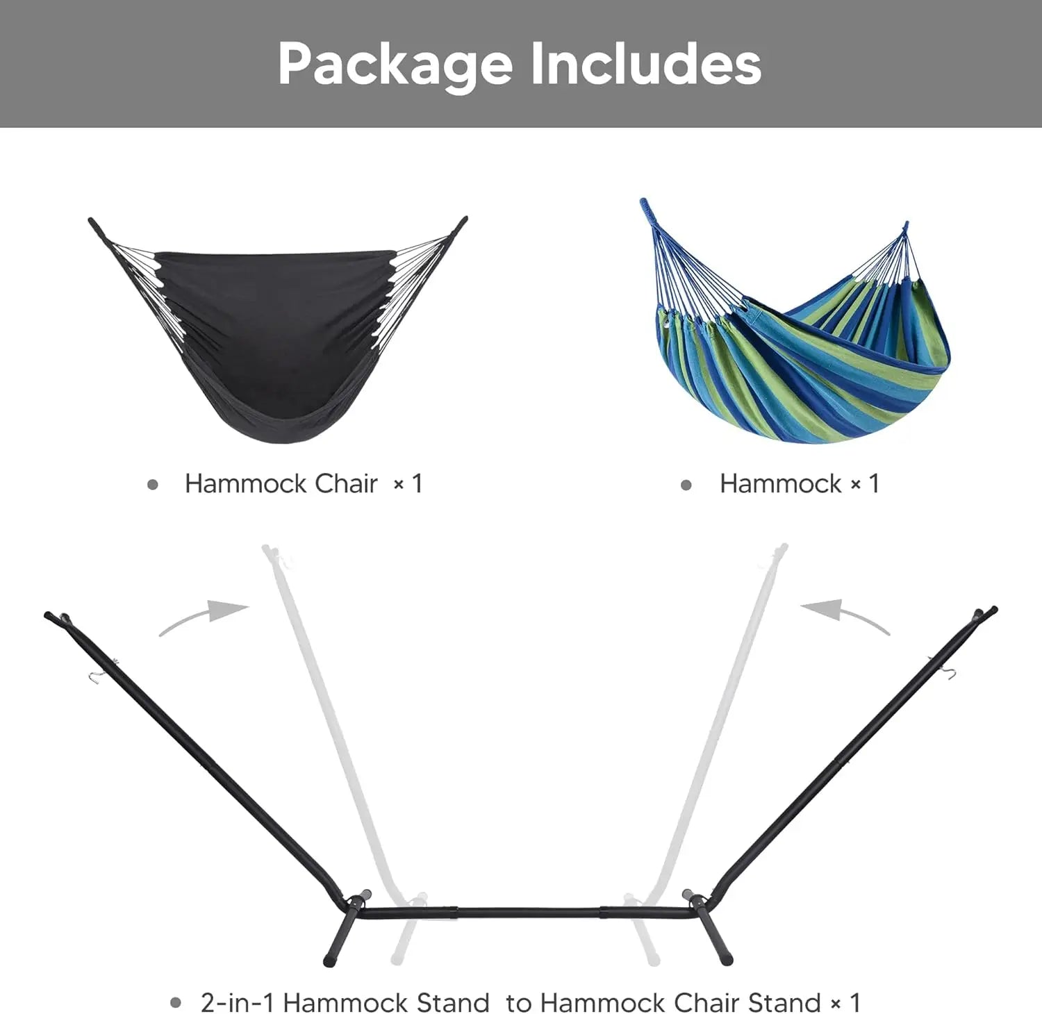 Outdoor 2-in-1 Hammock Chair with Stand in Blue Stripe, 475 lbs Capacity, Heavy Duty, Patented