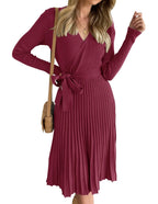 Womens Long Sleeve Wrap V Neck Ribbed Knit Pleated A-Line Sweater Dress With Belt