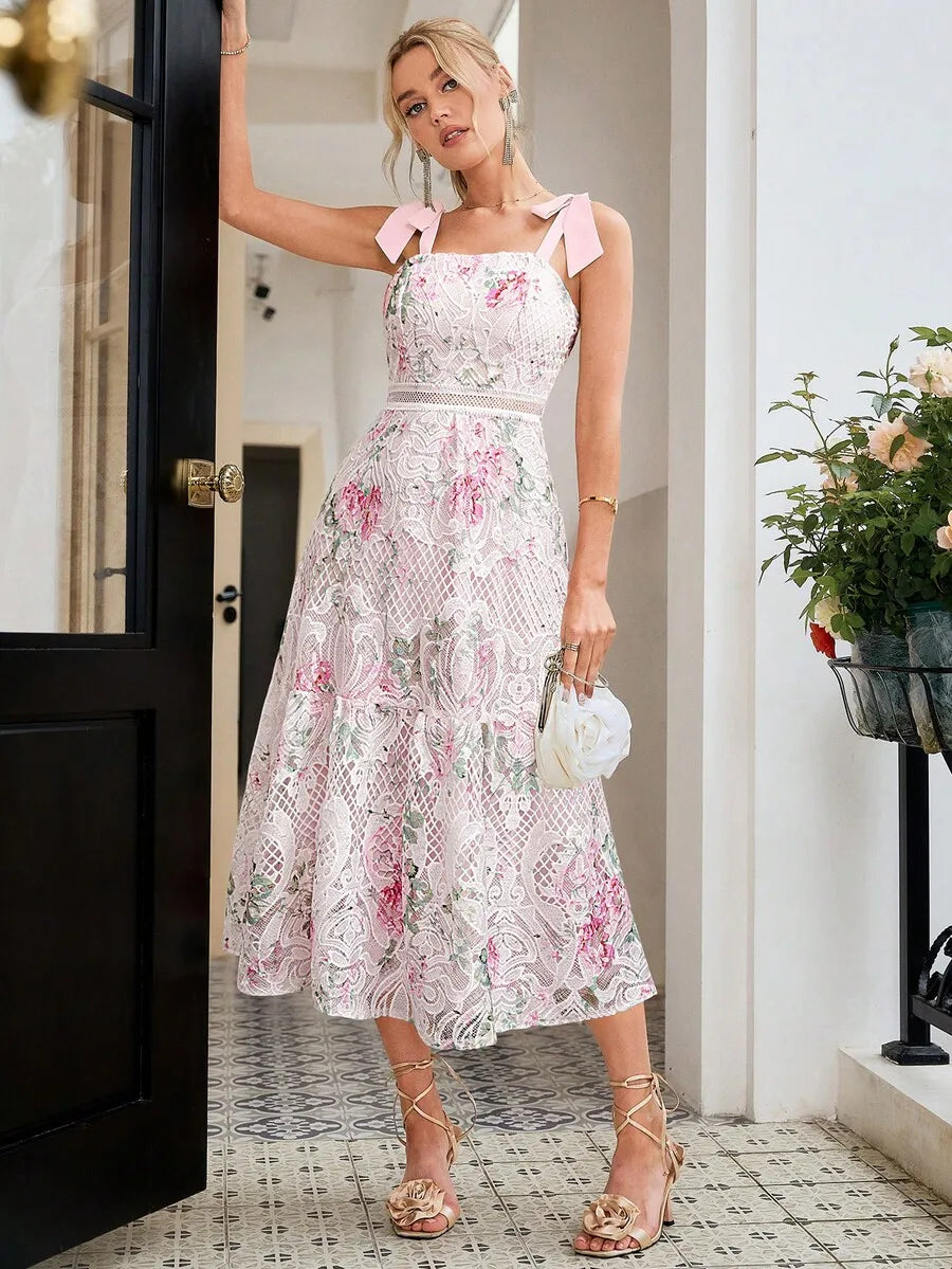 Womens Summer Lace Floral Print Spaghetti Strap Elegant Midi Dress For Party Wedding Guest