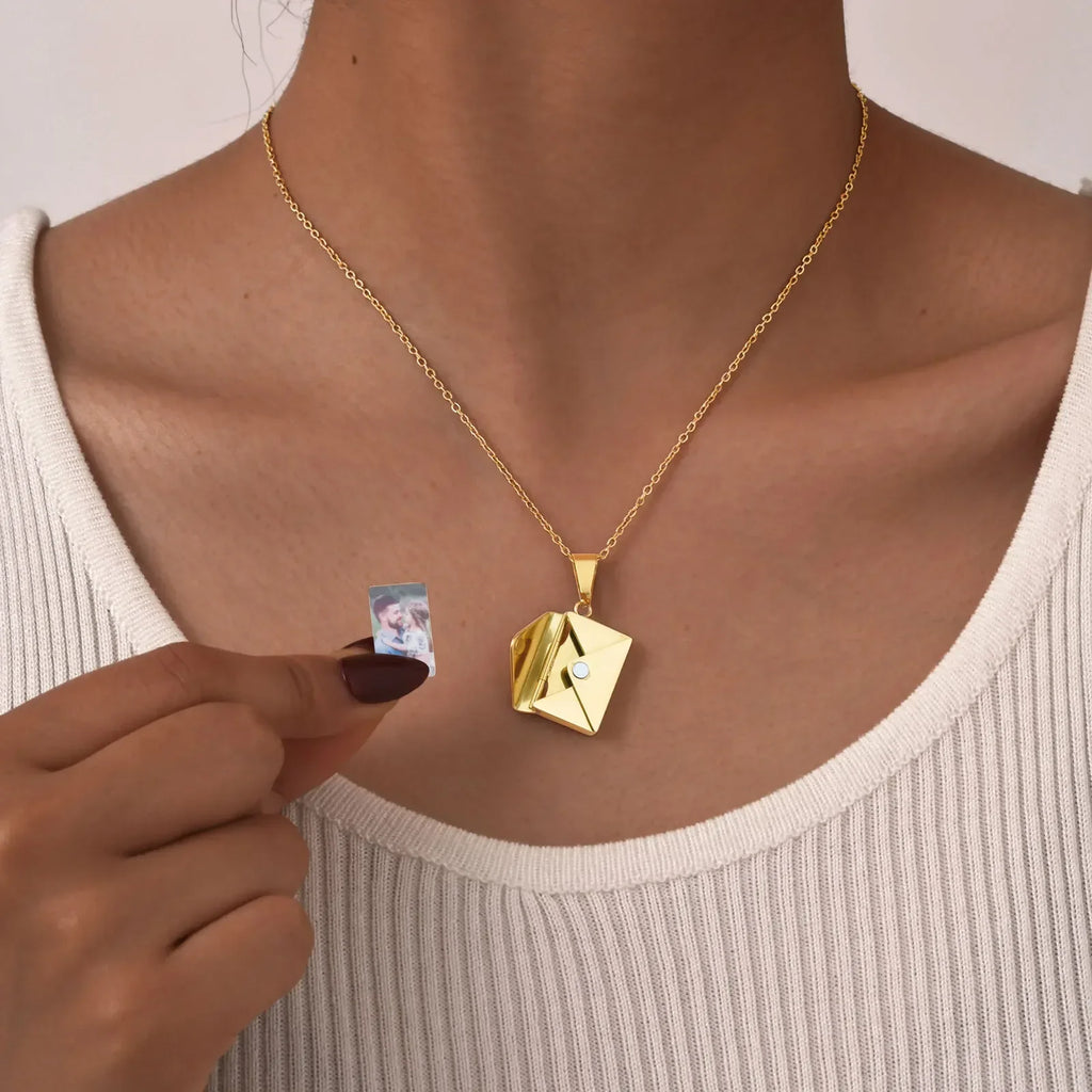 Personalized Photo Locket Necklace Envelope Love Letter Shape Pendant for Women, Customized Picture Pendant Gifts