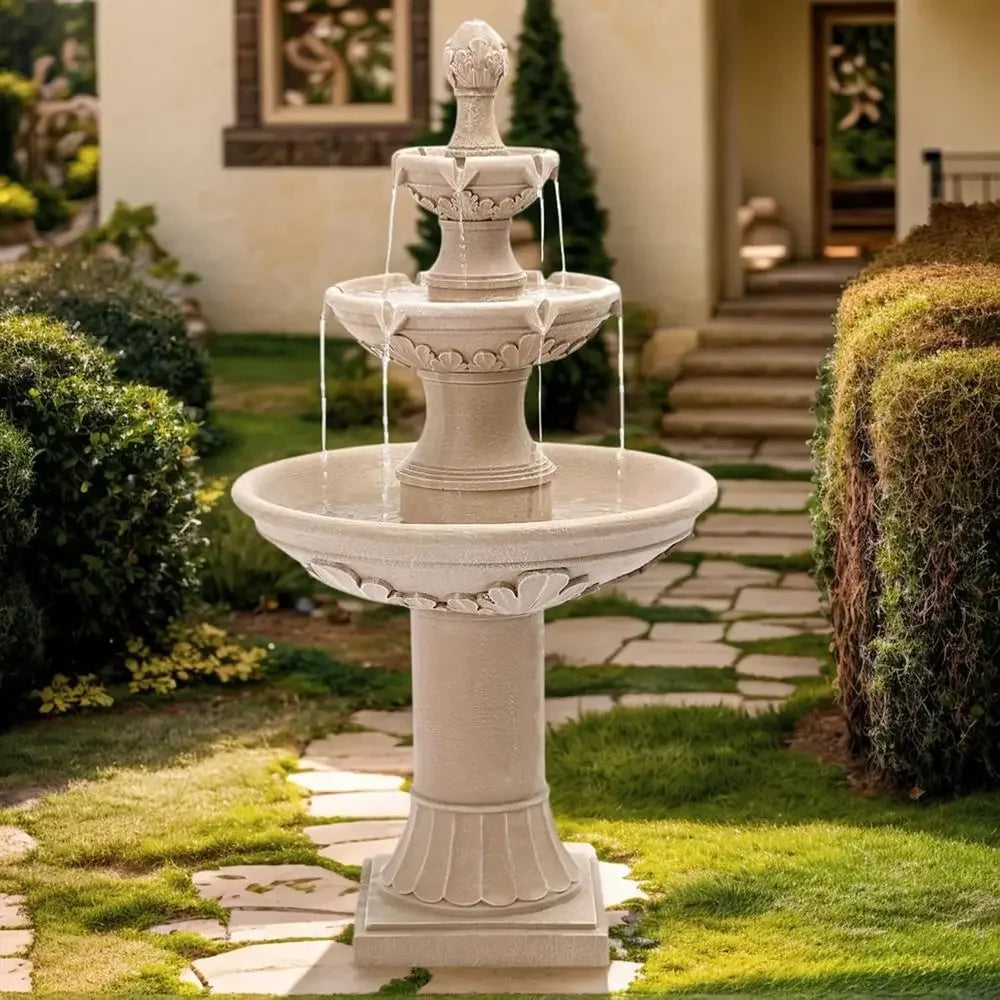 3-Tier Outdoor Water Fountain, 48.4 Tall Backyard Garden Feature with Pump, Freestanding Waterfall for Patio Yard (Beige)