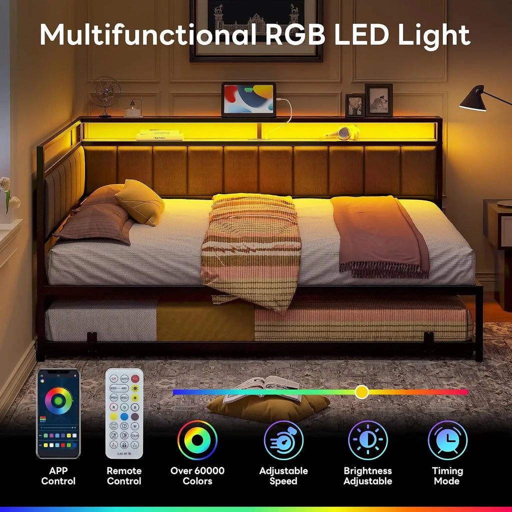 Corner Full Bed Frame with Trundle, Upholstered Storage Headboard & LED Lights, Full Size Daybed with Charging Station,, Custom