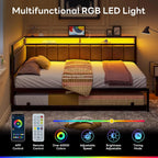 Corner Full Bed Frame with Trundle, Upholstered Storage Headboard & LED Lights, Full Size Daybed with Charging Station,, Custom