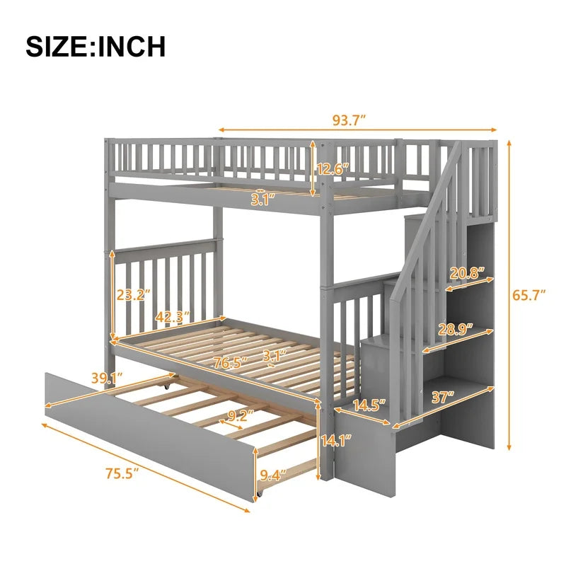 Gray Twin Over Twin Bunk Bed with Trundle and Storage