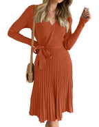 Womens Long Sleeve Wrap V Neck Ribbed Knit Pleated A-Line Sweater Dress With Belt