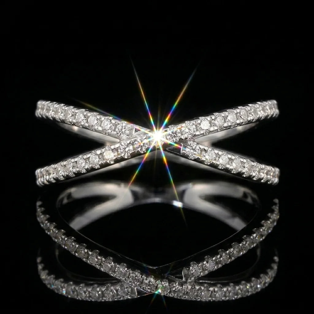 Moissanite Ring, 925 Sterling Silver, D Color VVS1, X-Shape Crossover Design, Unisex Stackable, Couple Ring, With Certificate