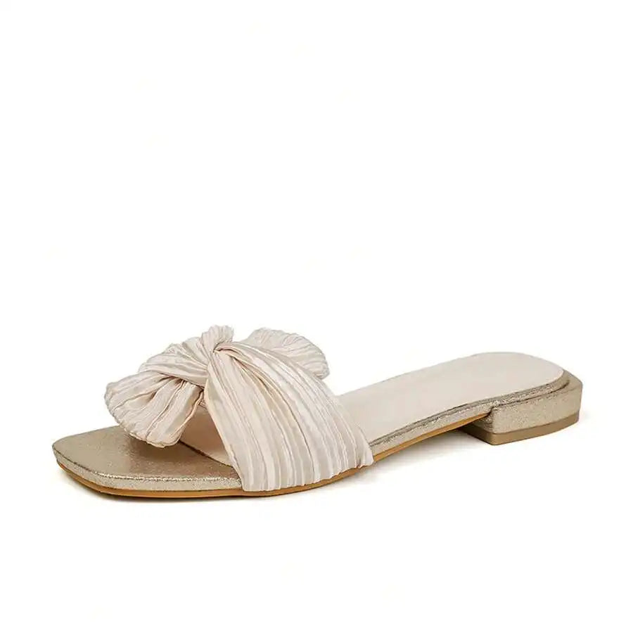 Elegant Pleated Bow Knot Flat Slides Women Square Toe Slip On Sandals For Party Wedding