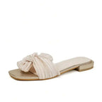 Elegant Pleated Bow Knot Flat Slides Women Square Toe Slip On Sandals For Party Wedding