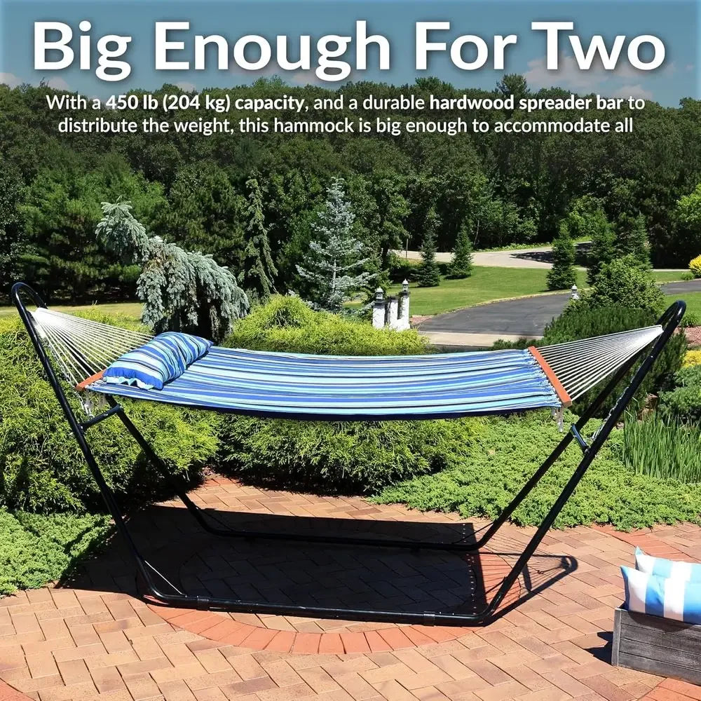Double Hammock with UV-Resistant Fabric and Stand - 440 lbs Capacity, Quick Dry, Pillows and Chains Included, Misty Beach Style