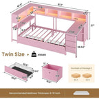 Twin Bed with Desk, Charging Station, Bookcase, and LED Lights for Girls - Storage Daybed, No Box Spring Needed