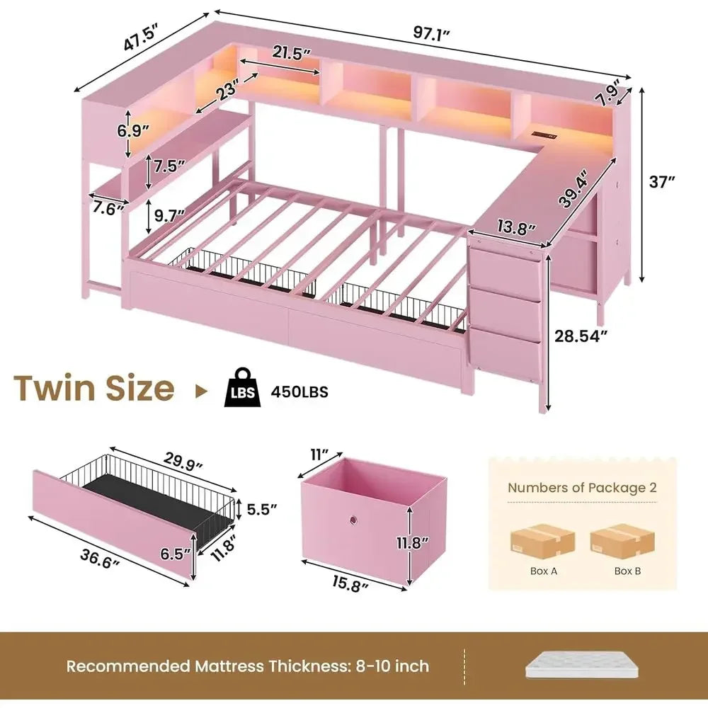 Twin Bed with Desk, Charging Station, Bookcase, and LED Lights for Girls - Storage Daybed, No Box Spring Needed