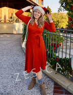 Womens Long Sleeve Wrap V Neck Ribbed Knit Pleated A-Line Sweater Dress With Belt
