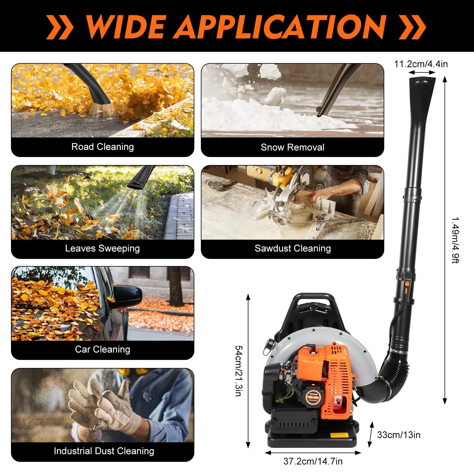 New 63CC 2-Stroke Backpack Gas Leaf Blower, 4.3HP, 850CFM Commercial Use for  Road Sweeping, Including Leaf and Snow Clearance