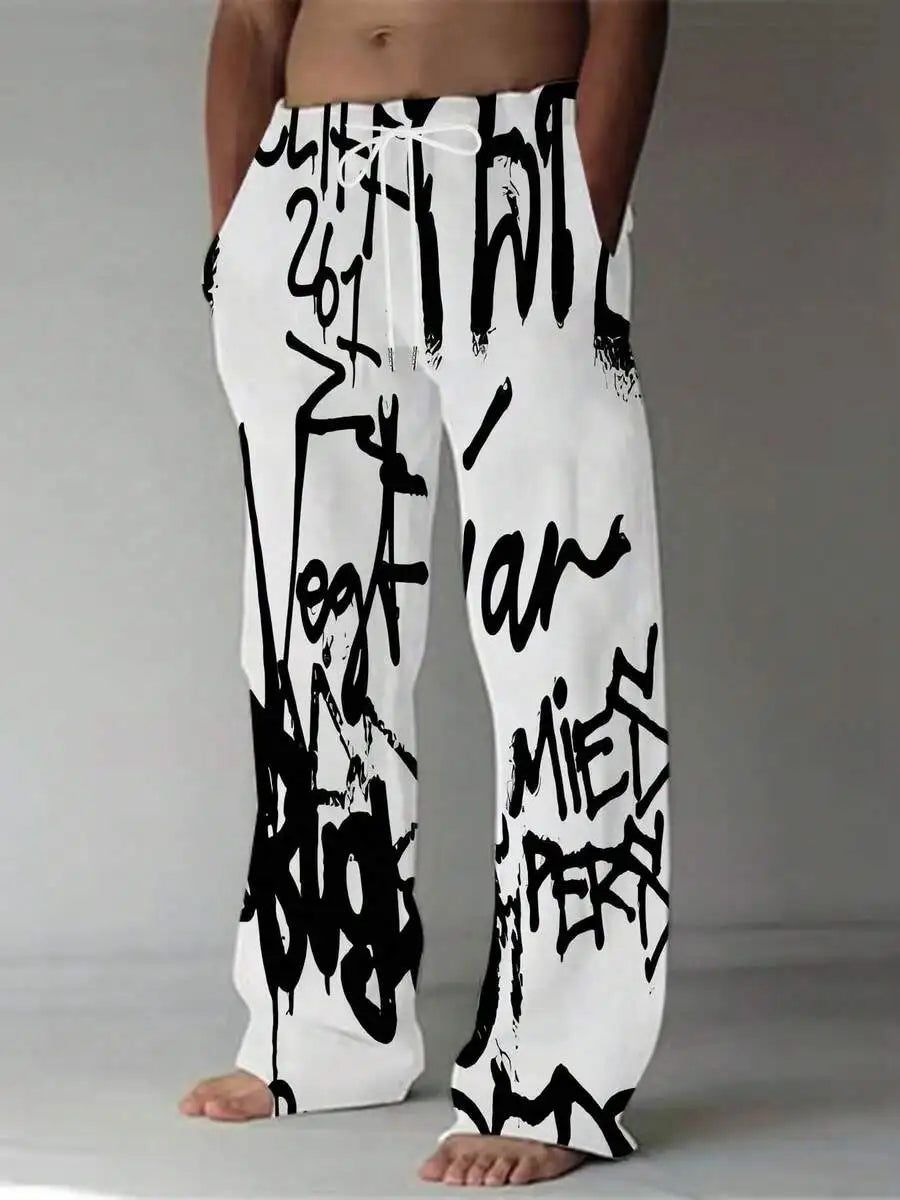 Mens Black And White Graffiti Print Loose Straight Leg Pants For Summer Beach