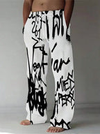Mens Black And White Graffiti Print Loose Straight Leg Pants For Summer Beach
