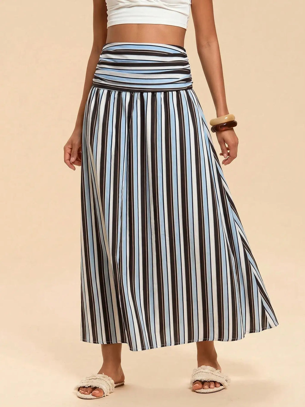 Travachic Women's Ruched Striped Casual Vacation Midi Skirt