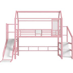 Twin Size Metal Bunk Bed with Slide, Stairs & Storage, Playhouse Underneath, Pink for Kids