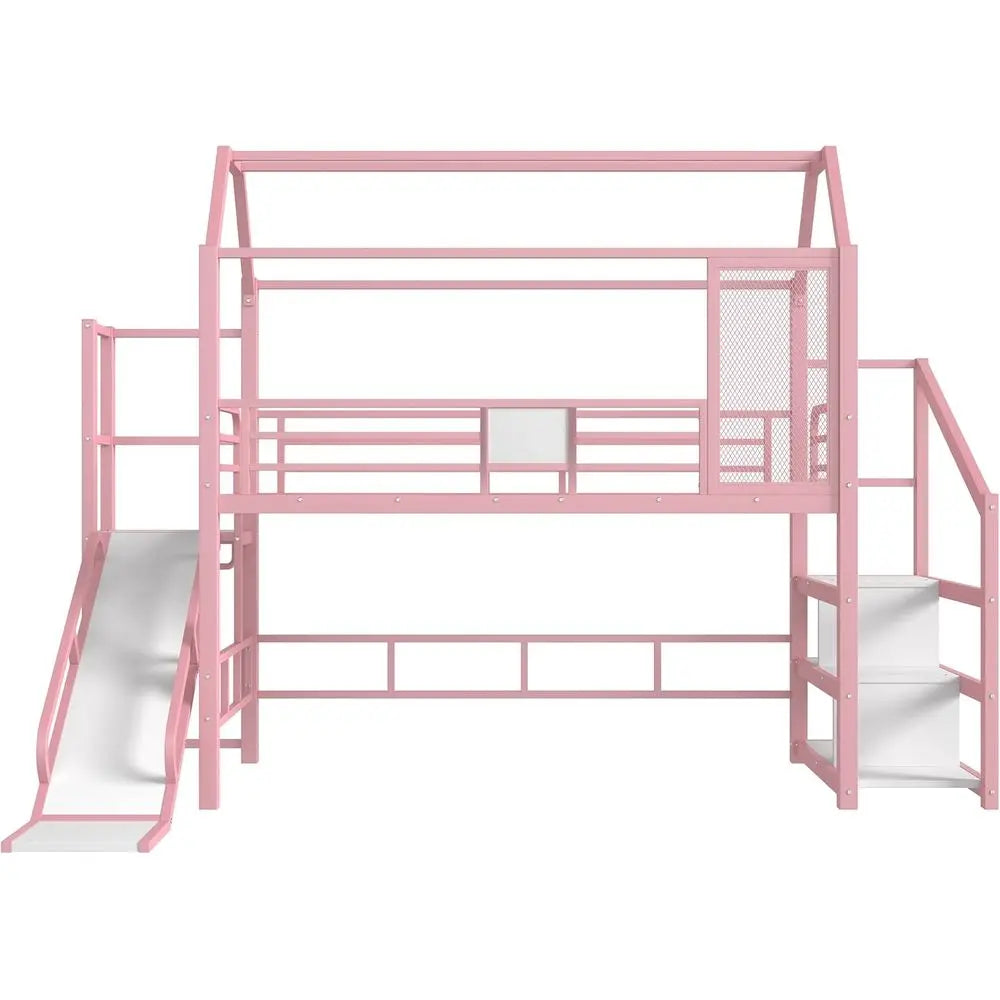 Twin Size Metal Bunk Bed with Slide, Stairs & Storage, Playhouse Underneath, Pink for Kids