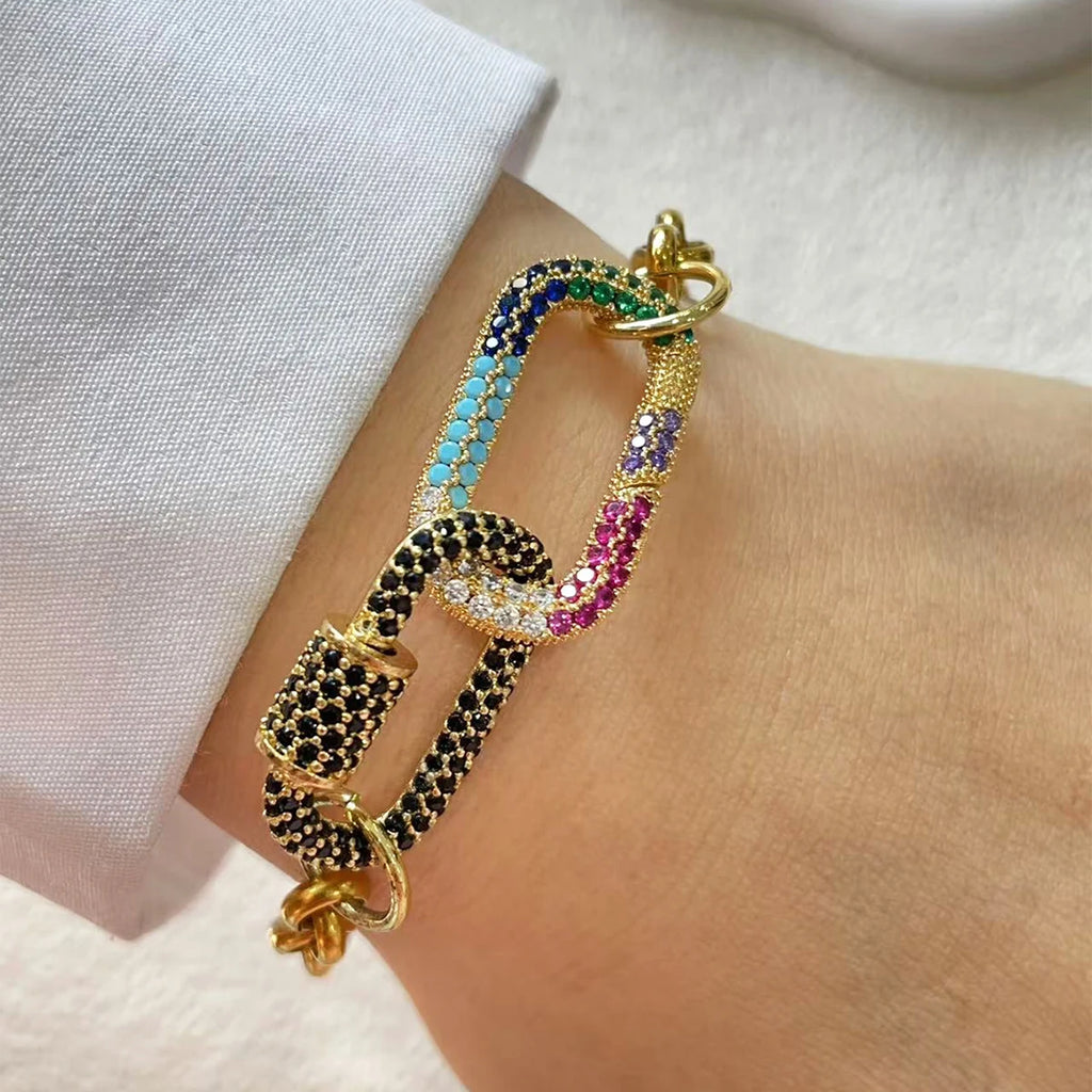 1 PC gold colorful diamond oval buckle bracelet, paired with gold Heart shaped pendant bracelet, unique and exquisite style