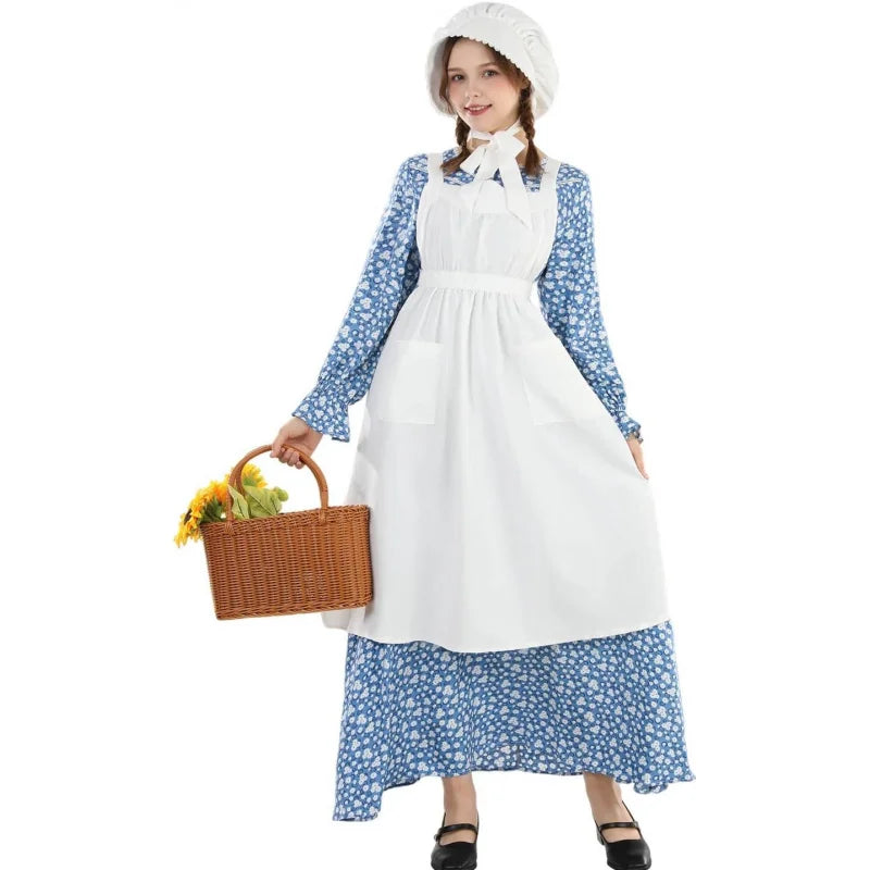 Pioneer Dress Women Prairie Dress with Bonnet Adult Long Colonial Costume