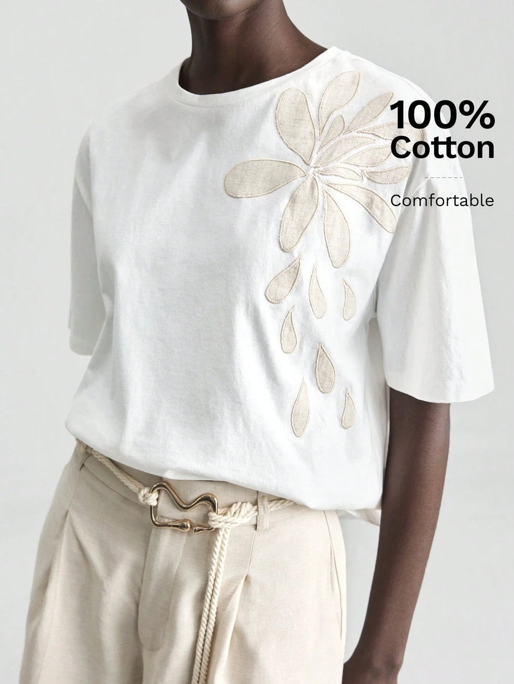 White Embroidered Floral Tee Short Sleeve Crew Neck Loose Comfortable Cotton T-Shirt
