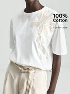 White Embroidered Floral Tee Short Sleeve Crew Neck Loose Comfortable Cotton T-Shirt