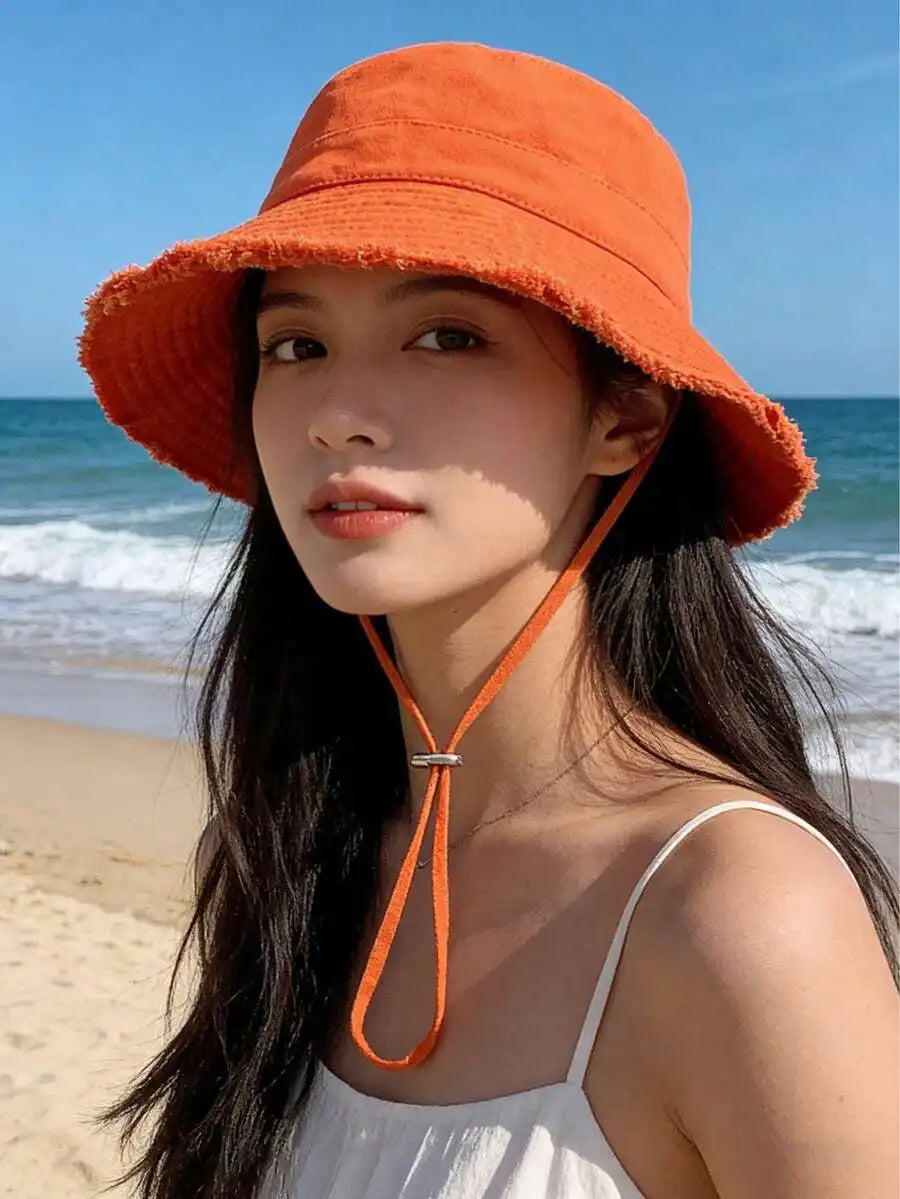 1pc Women's Drawstring Fringed Bucket Hat, Soft Fabric Windproof Sunscreen, Holiday/Mother's Day Gift, Suitable For Hiking,